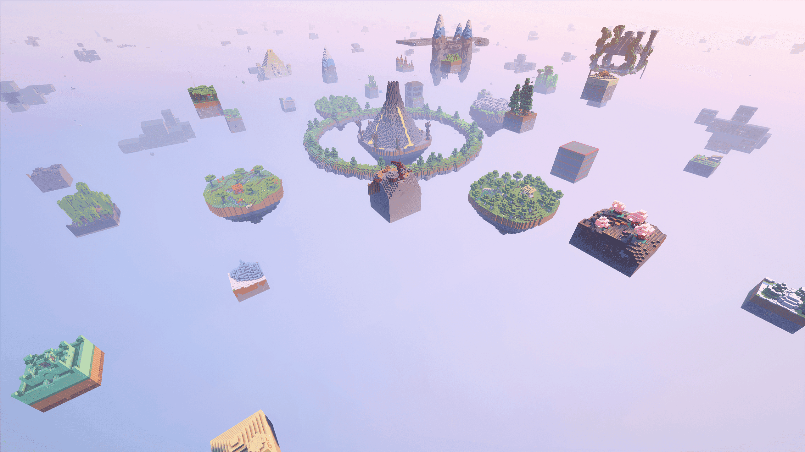 Skybound Chaos map overview - floating islands with a central volcano