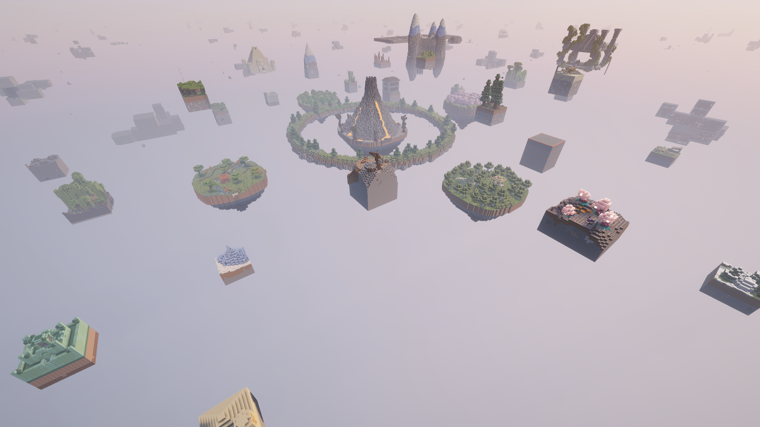 Skybound Chaos map overview - floating islands with a central volcano